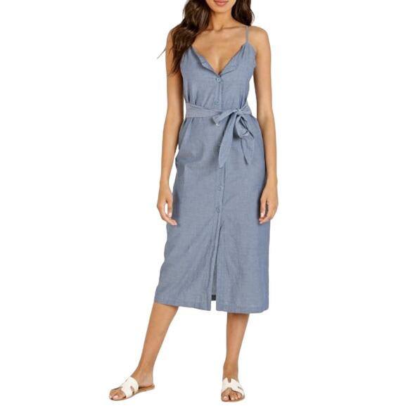 Lacausa | NWT XS/S Bluebell Chambray Cotton Button Front Belted Midi Cami Dress - Picture 1 of 13